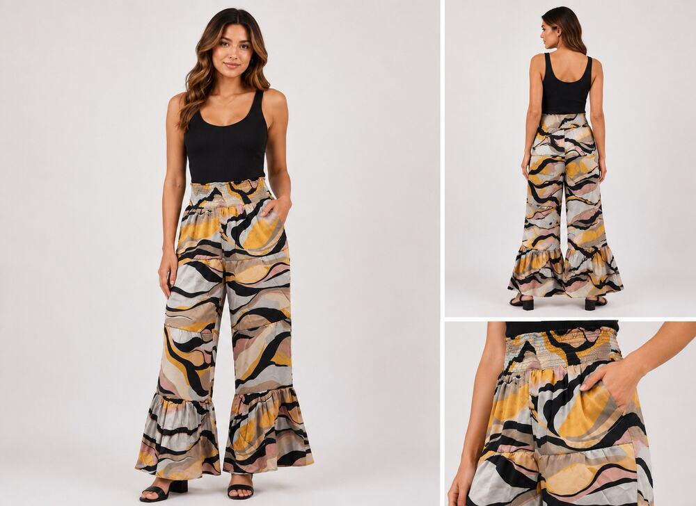Sugarlips Women’s Small Abstract Print Wide Leg Palazzo Pants Ruffle Hem Boho